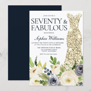 Guld, marin och vit Blommigt, 70:e Födelsedagsfest Inbjudningar