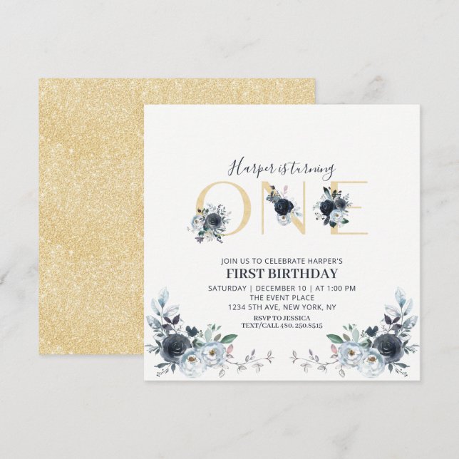 Guld & Marinblå Boho Blommig 1-års Födelsedagsfira Inbjudningar (Fram/baksida)
