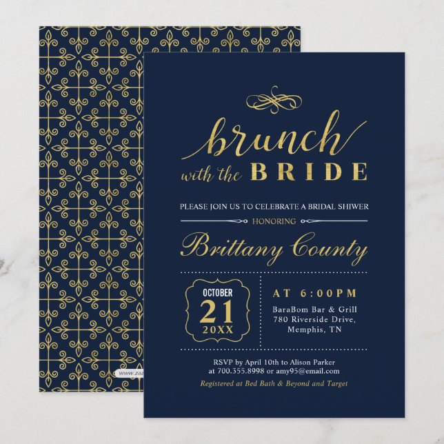 Guld & Marinblå | Elegant Bröllop Bröllopsbrunch S Inbjudningar (Fram/baksida)