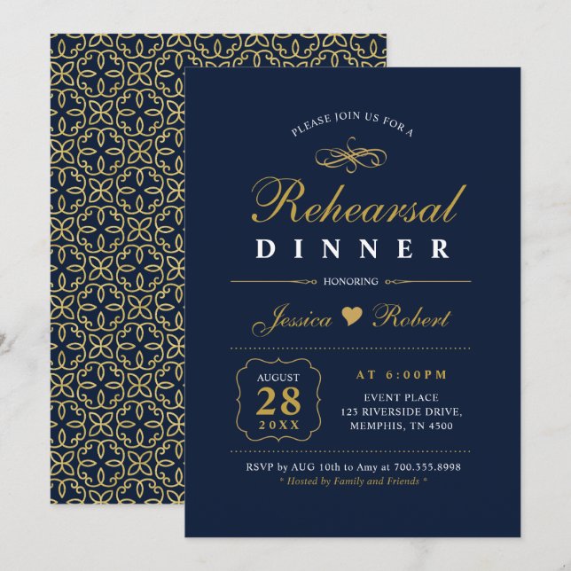 Guld & Marinblå | Elegant Invitation till Övningsm Inbjudningar (Fram/baksida)