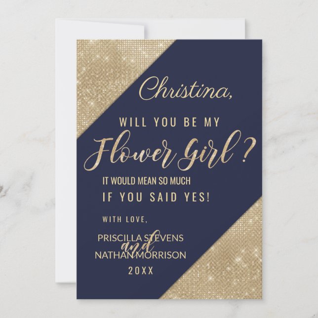 Guld Marinblå Falskt Glitter Paljett Flower Girl Inbjudningar (Framsida)
