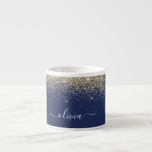 Guld Marinblå Glitter Girlig Monogram Namn Espressomugg