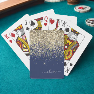 Guld Marinblå Glitter Skript Monogram Flickaktigt Casinokort