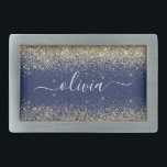 Guld marinblå Glitter-skript Monogram Girly Namn<br><div class="desc">Glitter-skript Monogram Namn Bälte Buckle för marinblått och Guld Gnistra. Detta gör perfekt studenten,  söt 16 16,  18,  21,  30,  40,  50,  60,  70,  80,  90:e,  100-årsdag,  bröllop,  möhippa,  årsdag,  babydusch eller bachelorette-gåva till någon som glam lyx och chic stilar.</div>
