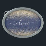 Guld marinblå Glitter-skript Monogram Girly Namn<br><div class="desc">Glitter-skript Monogram Namn Bälte Buckle för marinblått och Guld Gnistra. Detta gör perfekt studenten,  söt 16 16,  18,  21,  30,  40,  50,  60,  70,  80,  90:e,  100-årsdag,  bröllop,  möhippa,  årsdag,  babydusch eller bachelorette-gåva till någon som glam lyx och chic stilar.</div>