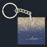 Guld marinblå Glitter-skript Monogram Girly Namn<br><div class="desc">Nyckelkedjan "Navy Blue" och "Guld Faux Foil Gnistra" med Glitter-skriften Monogram Namn. Det gör perfekten söt 16-årsjubileum,  bröllop,  möhippa,  årsdag,  babydusch eller bachelorette-fest för någon som glam lyxen och chic stilar i kärlek.</div>