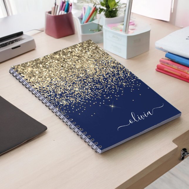 Guld marinblå Glitter-skript Monogram Girly Namn Anteckningsbok (Skapare uppladdad)