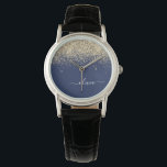 Guld marinblå Glitter-skript Monogram Girly Namn Armbandsur<br><div class="desc">Glitter-skriften Monogram Namn Watch i marinblått och Guld Gnistra. Det gör perfekt studenten,  födelsedag,  bröllop,  möhippa,  årsdag,  babydusch eller bachelorette-fest till någon som glam lyx och chic stilar.</div>