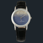 Guld marinblå Glitter-skript Monogram Girly Namn Armbandsur<br><div class="desc">Glitter-skriften Monogram Namn Watch i marinblått och Guld Gnistra. Det gör perfekt studenten,  födelsedag,  bröllop,  möhippa,  årsdag,  babydusch eller bachelorette-fest till någon som glam lyx och chic stilar.</div>