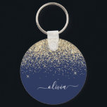 Guld marinblå Glitter-skript Monogram Girly Namn Nyckelring<br><div class="desc">Gnistra,  marinblått och Guld,  Glitter,  Monogram Namn nyckelringar (Nyckelring). Det gör perfekten söt 16-årsjubileum,  bröllop,  möhippa,  årsdag,  babydusch eller bachelorette-fest för någon som glam lyxen och chic stilar i kärlek.</div>