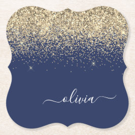 Guld marinblå Glitter-skript Monogram Girly Namn Underlägg Papper