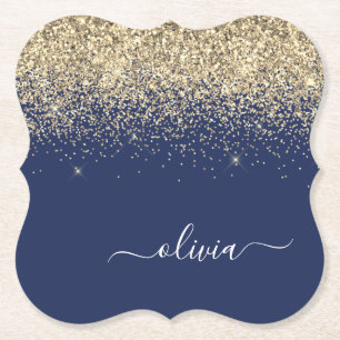 Guld marinblå Glitter-skript Monogram Girly Namn Underlägg Papper