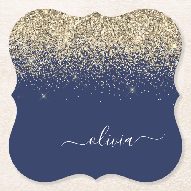 Guld marinblå Glitter-skript Monogram Girly Namn Underlägg Papper (Framsida)