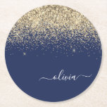 Guld marinblå Glitter-skript Monogram Girly Namn Underlägg Papper Rund<br><div class="desc">Glitter-skript Monogram Namn Pappra Underlägg i marinblå och Guld Gnistra. Det gör perfekt studenten,  födelsedag,  bröllop,  möhippa,  årsdag,  babydusch eller bachelorette-fest till någon som glam lyx och chic stilar.</div>