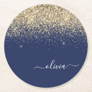 Guld marinblå Glitter-skript Monogram Girly Namn Underlägg Papper Rund