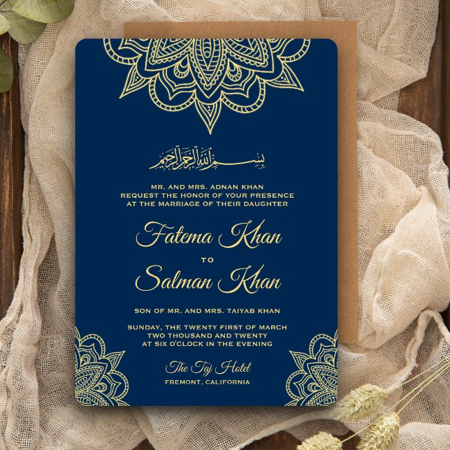 Guld Marinblå Henna Mehndi Islamiskt Bröllop Inbjudningar (Skapare uppladdad)