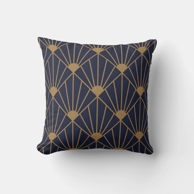 Guld marinblå konst Deco Fläkt Mönster Kudde (Framsida)
