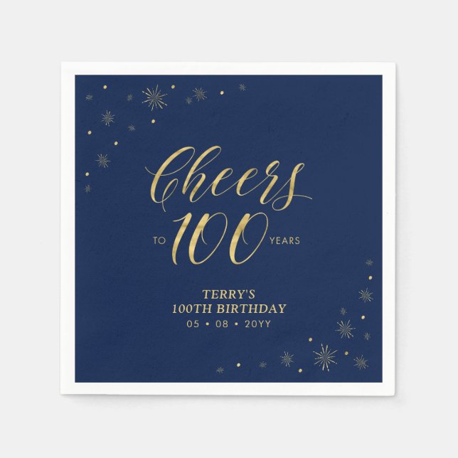 Guld & Marinblå | Modern Cheers 100-årsfest Pappersservett (Framsidan)