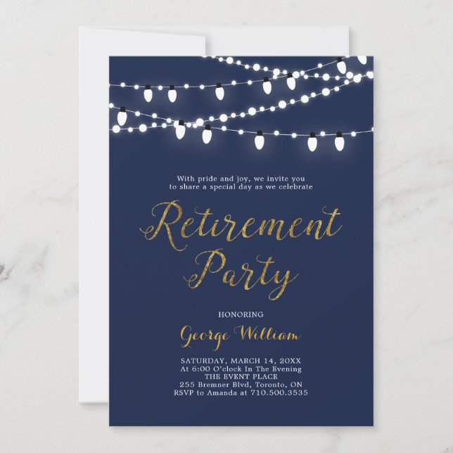 Guld & Marinblå | Modern Invitation till pensionsf Inbjudningar (Framsida)