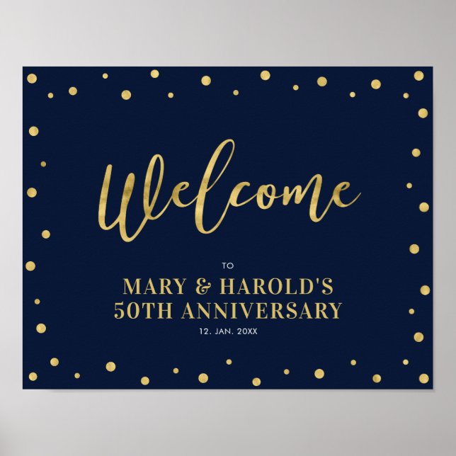 Guld & Marinblå | Modern Konfetti Välkomstskylt Poster (Framsidan)
