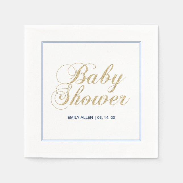 Guld & Marinblå | Modern Pojke Babyshower Papperss Pappersservett (Framsidan)