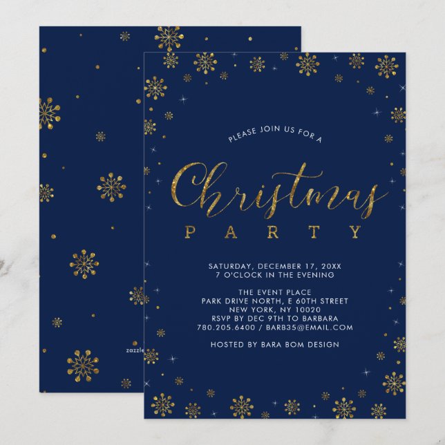 Guld & Marinblå | Modern Snöflinga Julfest Inbjudningar (Fram/baksida)