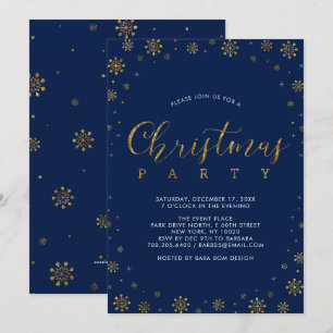 Guld & Marinblå   Modern Snöflinga Julfest Inbjudningar