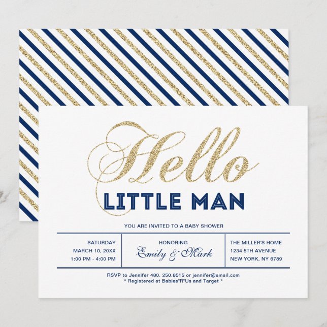 Guld, Marinblå | Modern Typografi Pojke Babyshower Inbjudningar (Fram/baksida)