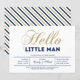 Guld, Marinblå | Modern Typografi Pojke Babyshower Inbjudningar