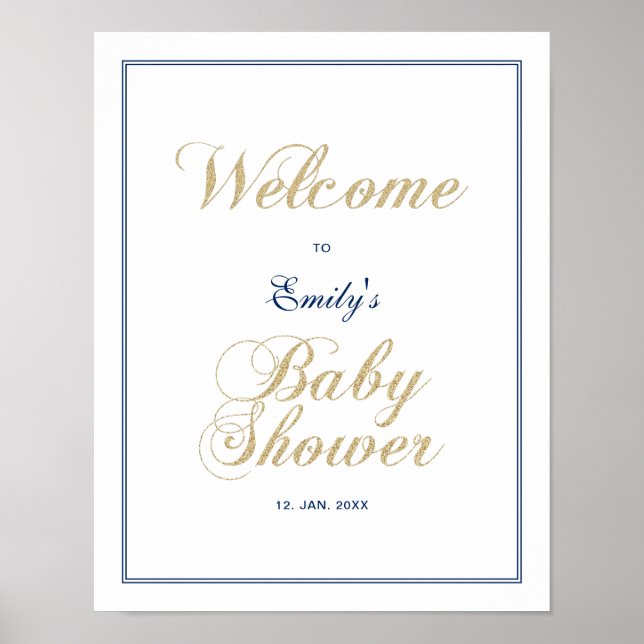 Guld & Marinblå | Modern välkomstskylt för baby sh Poster (Framsidan)