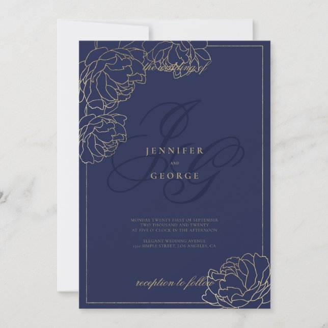 Guld marinblå monogram initialer blommande bröllop inbjudningar (Framsida)