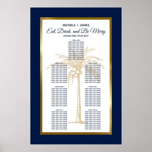 Guld Marinblå Palm Tropisk Bröllops Sittplatskarta Poster (Framsidan)