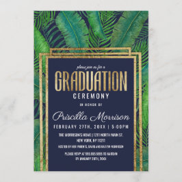 Guld- marinblå studenten för tropisk palmträdgrönt inbjudningar