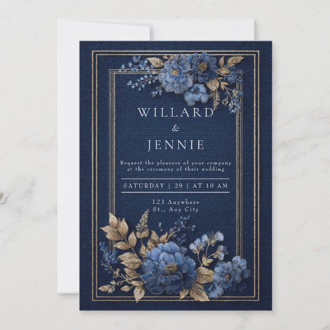 Guld Marinblå Texturerad Blommig Vinterbröllop Inbjudningar (Framsida)