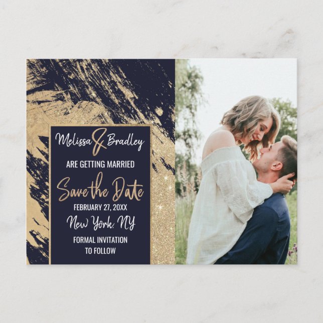 Guld- marinblåa glitterpenseldrag sparar datera meddelande vykort (Framsida)