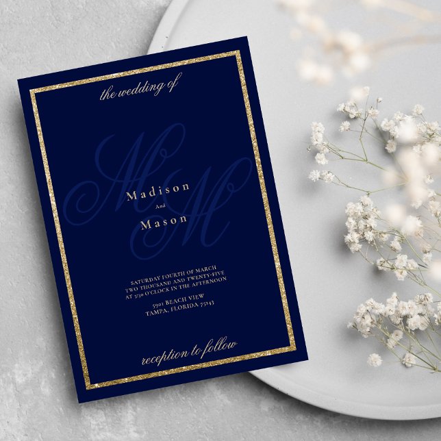 Guld, marinblått monogram initialer, tema bröllop inbjudningar (Gold navy blue monogram initials theme wedding)
