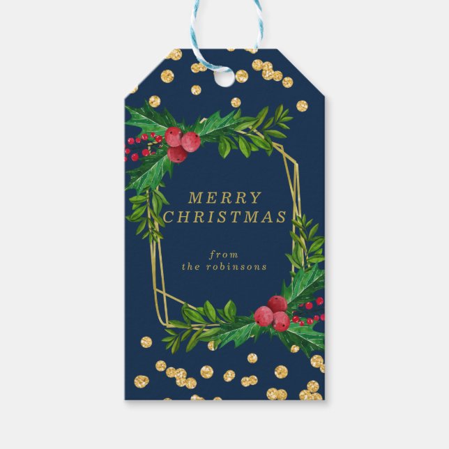 Guld marinfamilj God jul Holly Glitter Presentetikett (Framsidan)