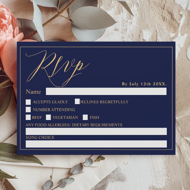 Guld marint blått elegant, skript chic osa bröllop inbjudningar (Gold navy blue elegant script chic rsvp wedding invitation)