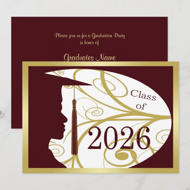 Guld/Maroon manssilhuett 2026 examensfest Inbjudningar (Fram/baksida)
