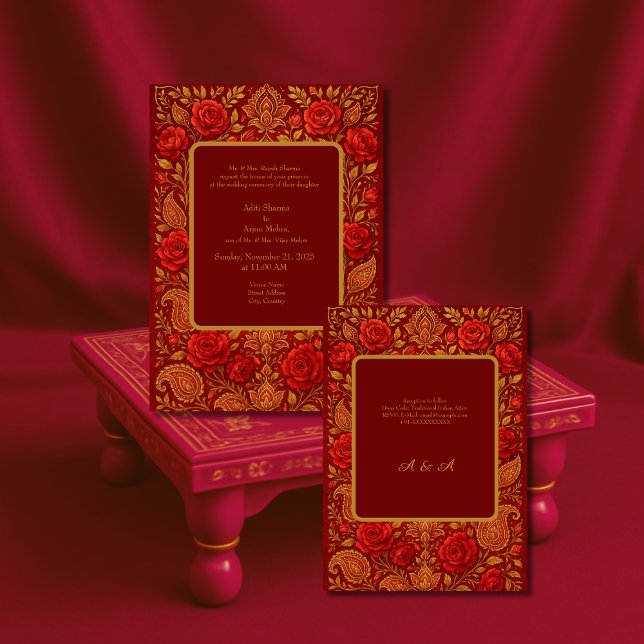 guld Maroon Ros Mango Paisley Hindu Bröllop  Inbjudningar (Skapare uppladdad)
