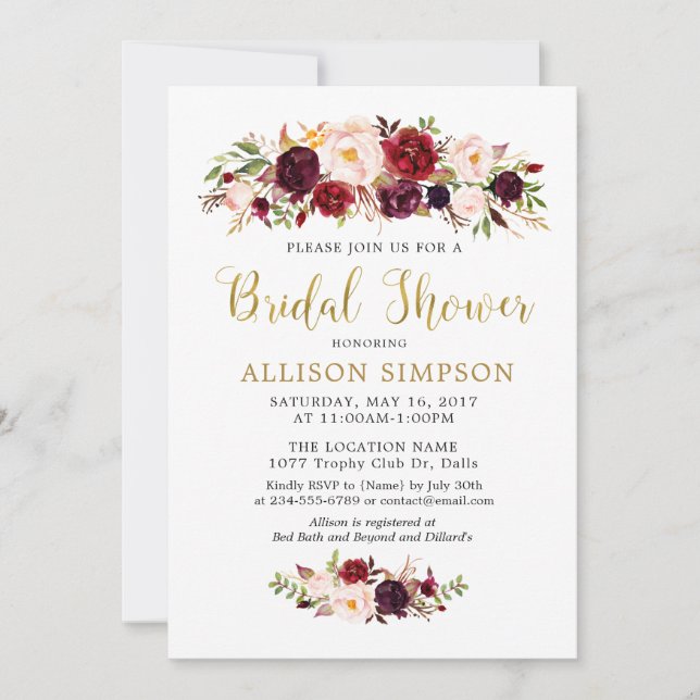 Guld Marsala Flowers BridalShower-inbjudningar Inbjudningar (Framsida)