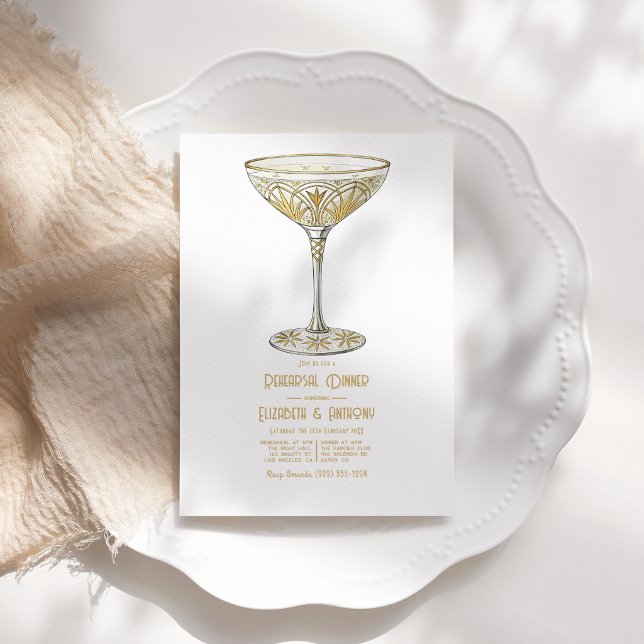 Guld Martini Glas 1920-talet Art Deco Rehearsal Di Inbjudningar (Gold Martini Glass 1920s Art Deco Rehearsal Dinner Invitation)