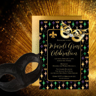 Guld Mask Fleur de Lis Mardi Gras Party Inbjudningar