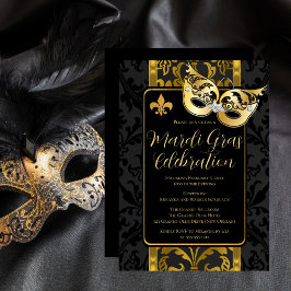Guld Mask Vintage Black Damask Mardi Gras Party Inbjudningar