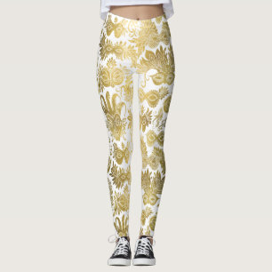 Guld maskerad maskering på vit Mönster Leggings