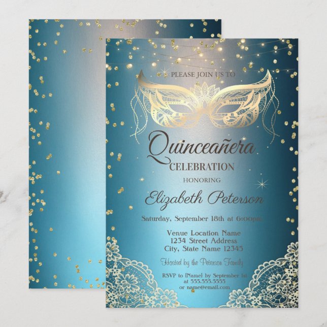 Guld Masqu Spets, Diamanter Quinceañera Inbjudningar (Fram/baksida)