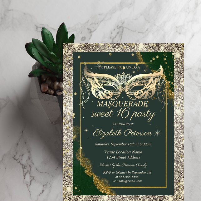 Guld Masquerade Glitter Grön Sweet 16  Inbjudningar (Skapare uppladdad)