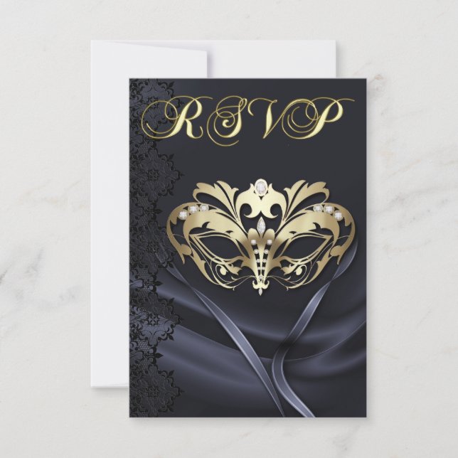 Guld Masquerade Svart Juvelbesatt RSVP Inbjudan (Framsida)