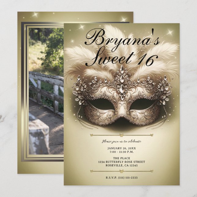 Guld Masquerade Sweet 16 Foto Födelsedag Inbjudningar (Fram/baksida)