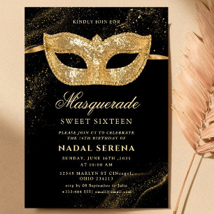 guld masqueradmask Sweet 16 Inbjudningar